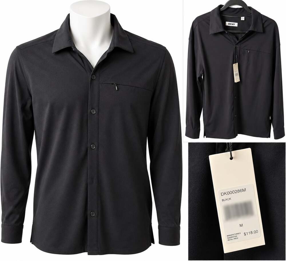 DKNY Men's Black Long-Sleeve Button-Down Dress Shirt – Size Medium